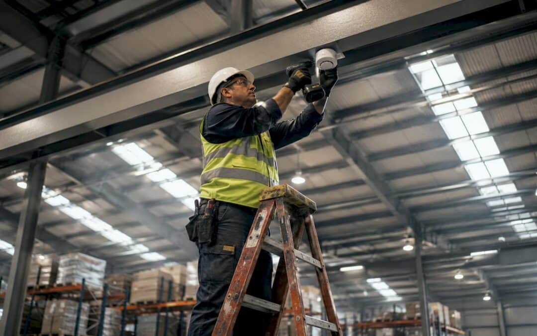 Technician installing smoke detector in warehouse