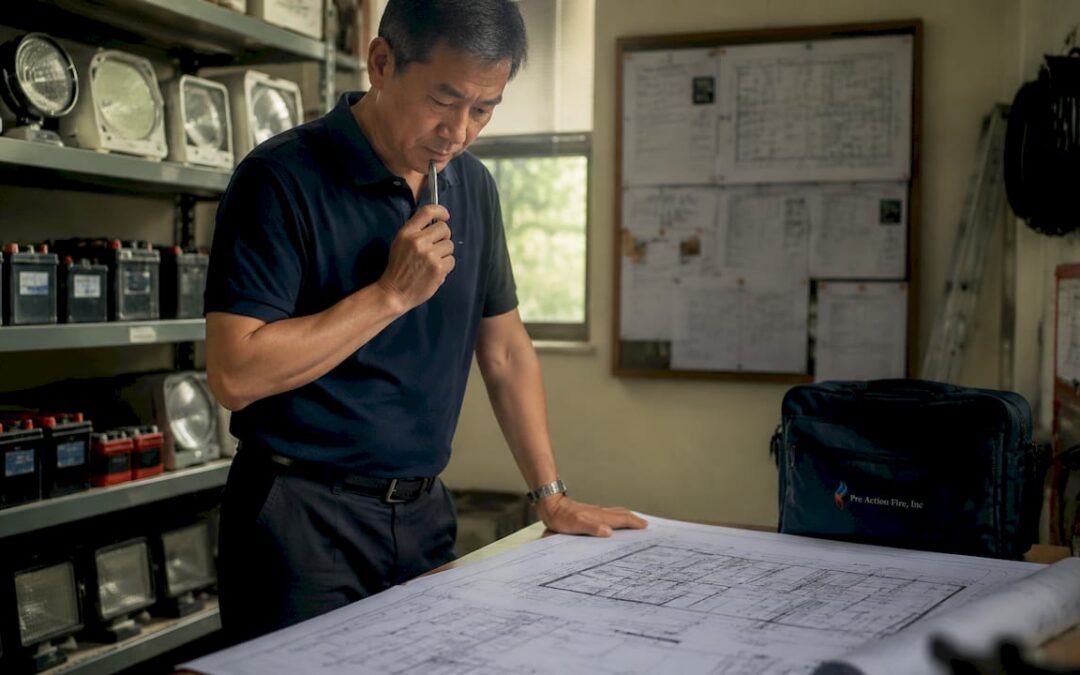 Building manager reviewing emergency lighting plans