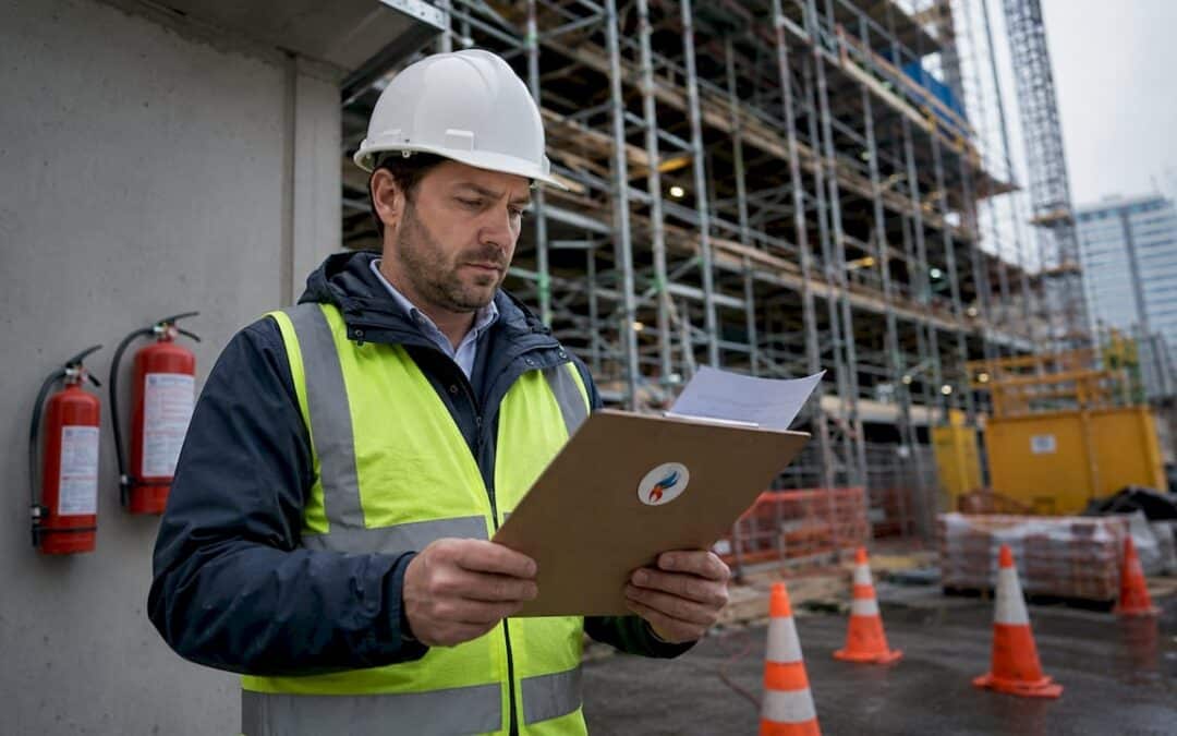 Construction manager reviewing fire safety plan