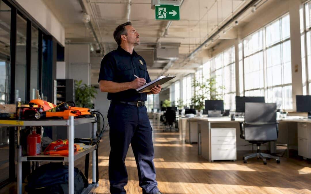Fire inspector reviewing commercial building corridor