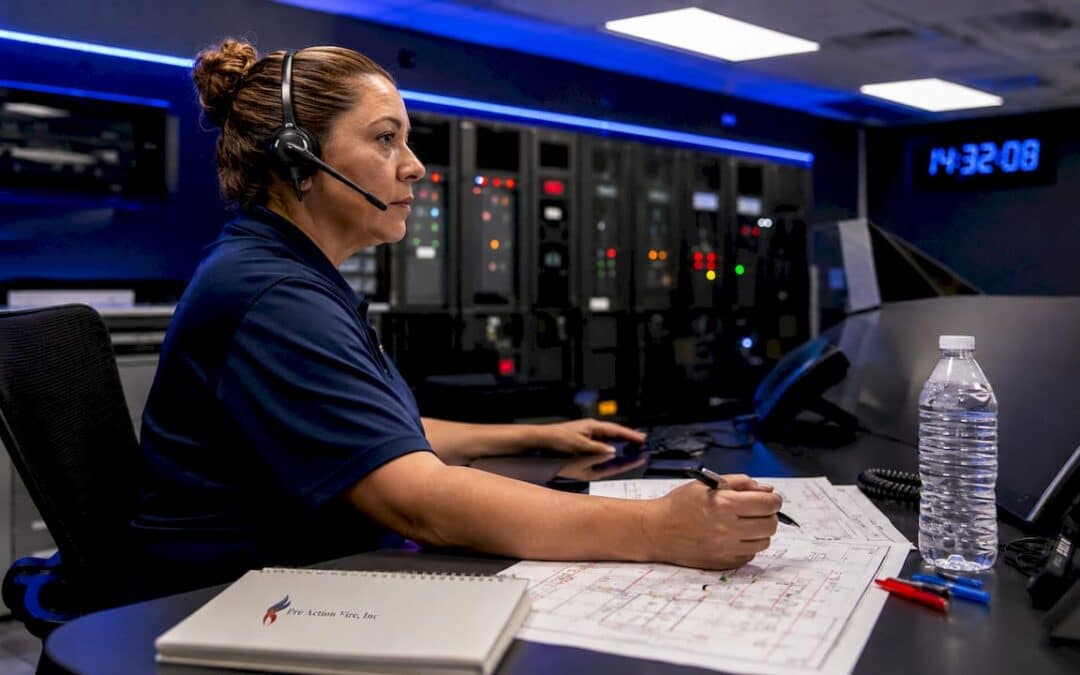 Fire safety operator monitoring alarms in control room