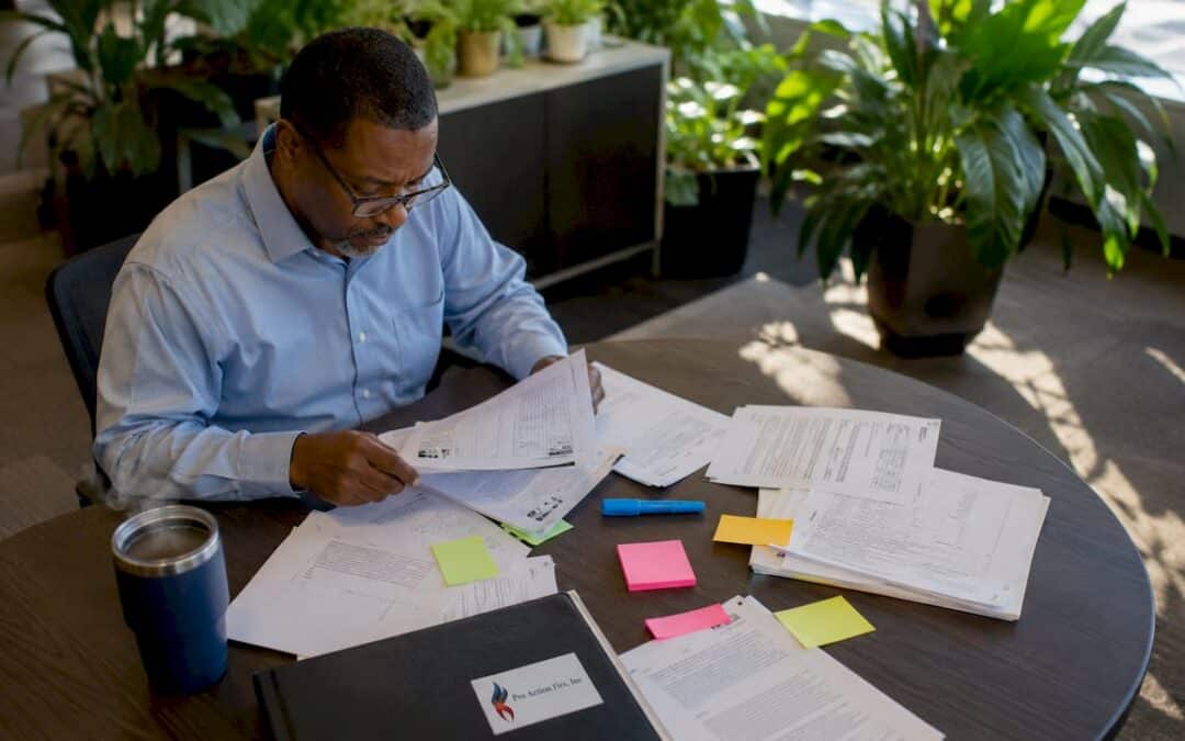 Facility manager reviewing fire safety papers