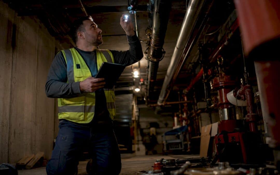 Technician inspecting fire sprinkler system in utility room