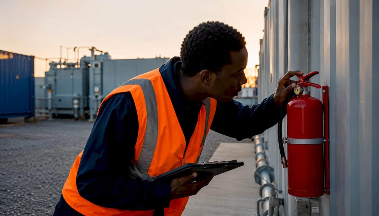 Technician inspecting fire extinguisher in mechanical room