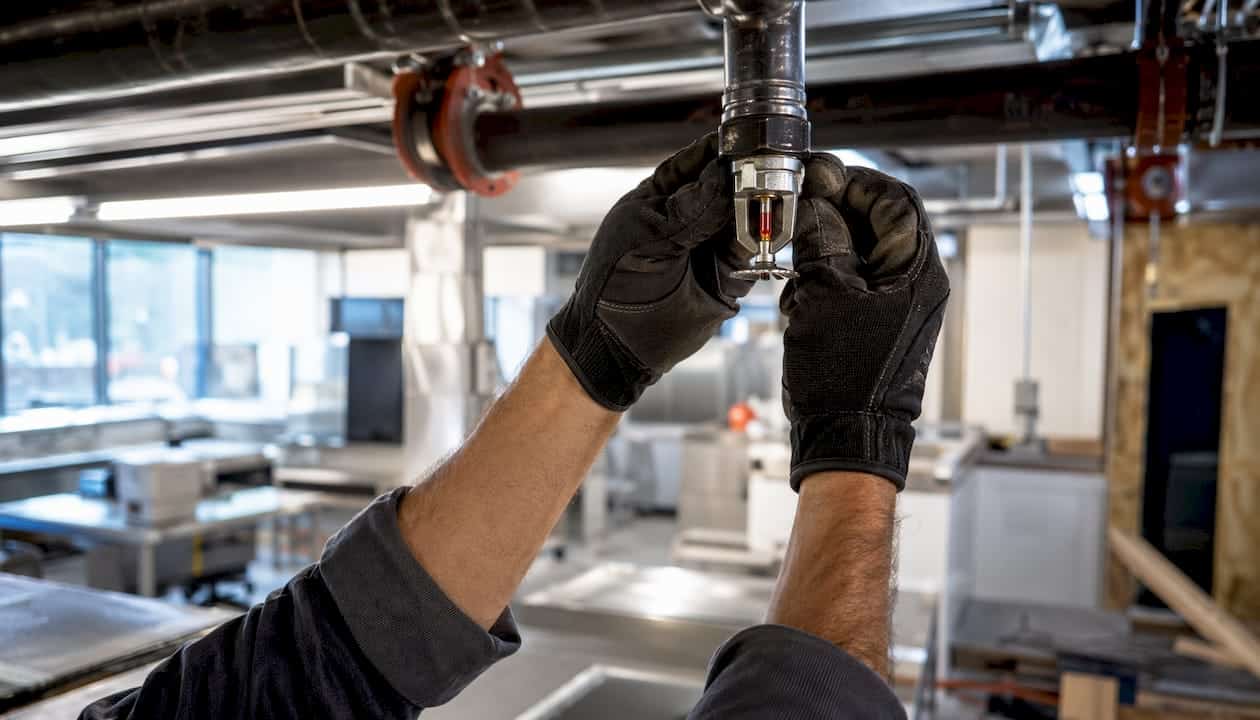 Hands installing sprinkler head in construction site