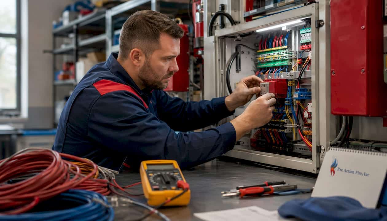 Hands installing loop isolator inside fire panel