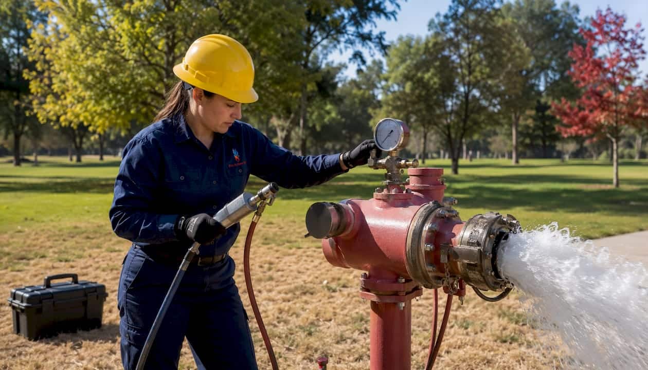 Technician testing fire sprinkler flow valve