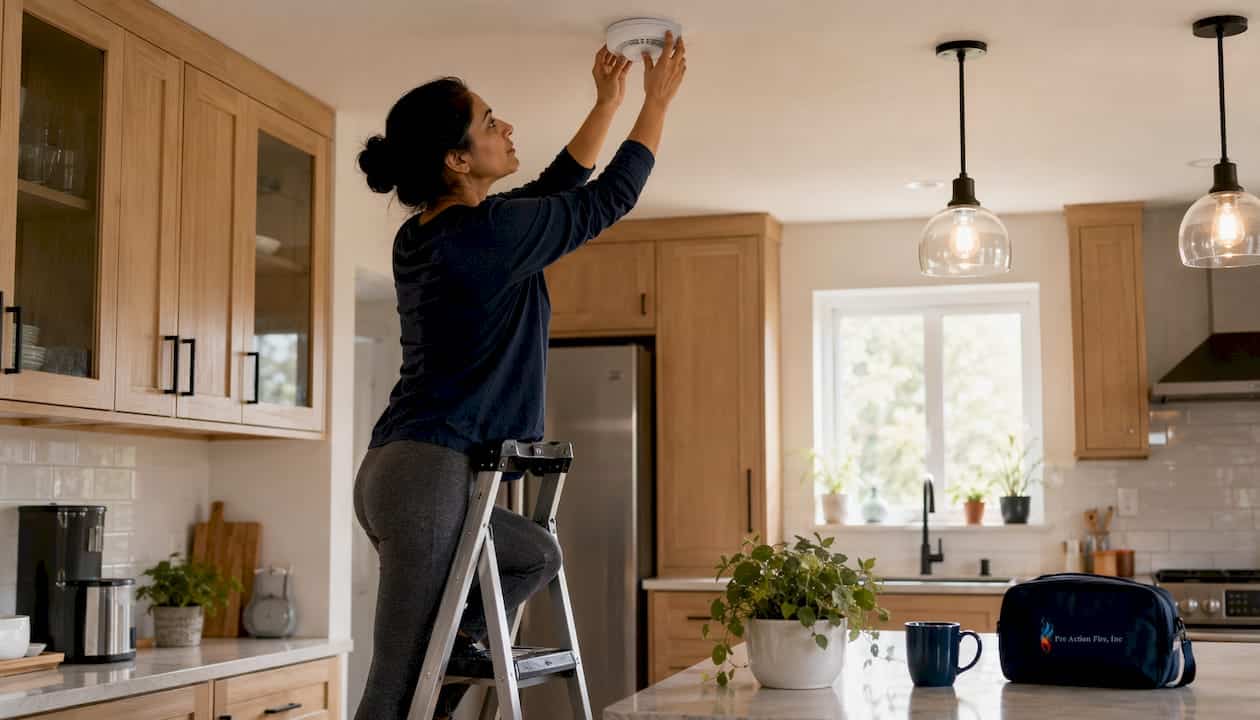 Woman installing smoke alarm in bedroom ceiling