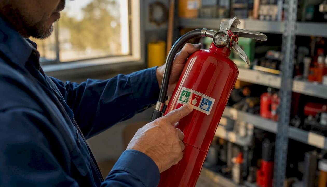 Hands inspecting fire extinguisher classifications