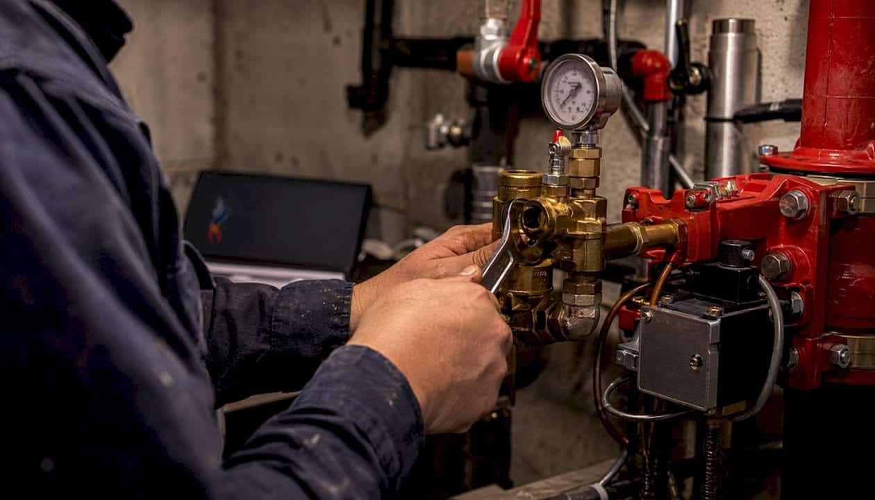 Technician adjusting sprinkler valve components