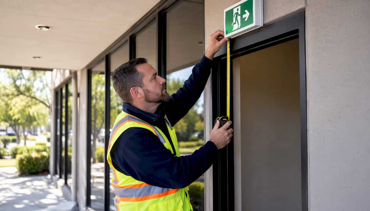 Inspector measuring fire exit sign mounting height