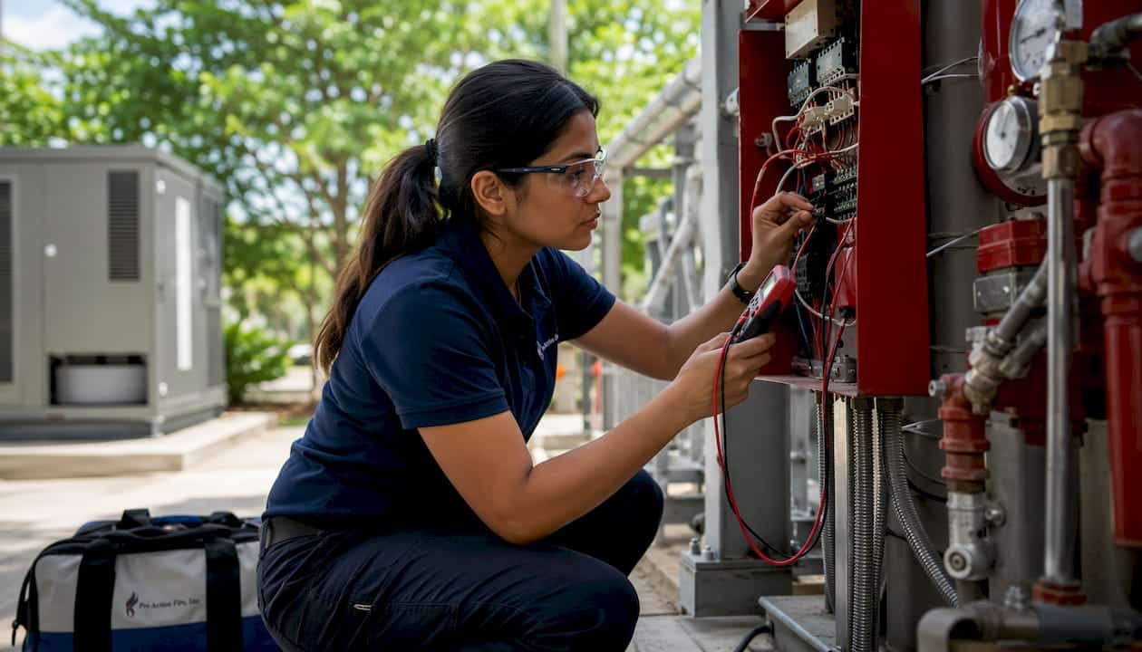 Technician inspecting fire alarm control panel