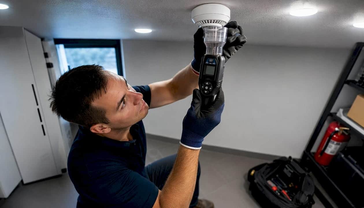 Technician testing smoke detector device