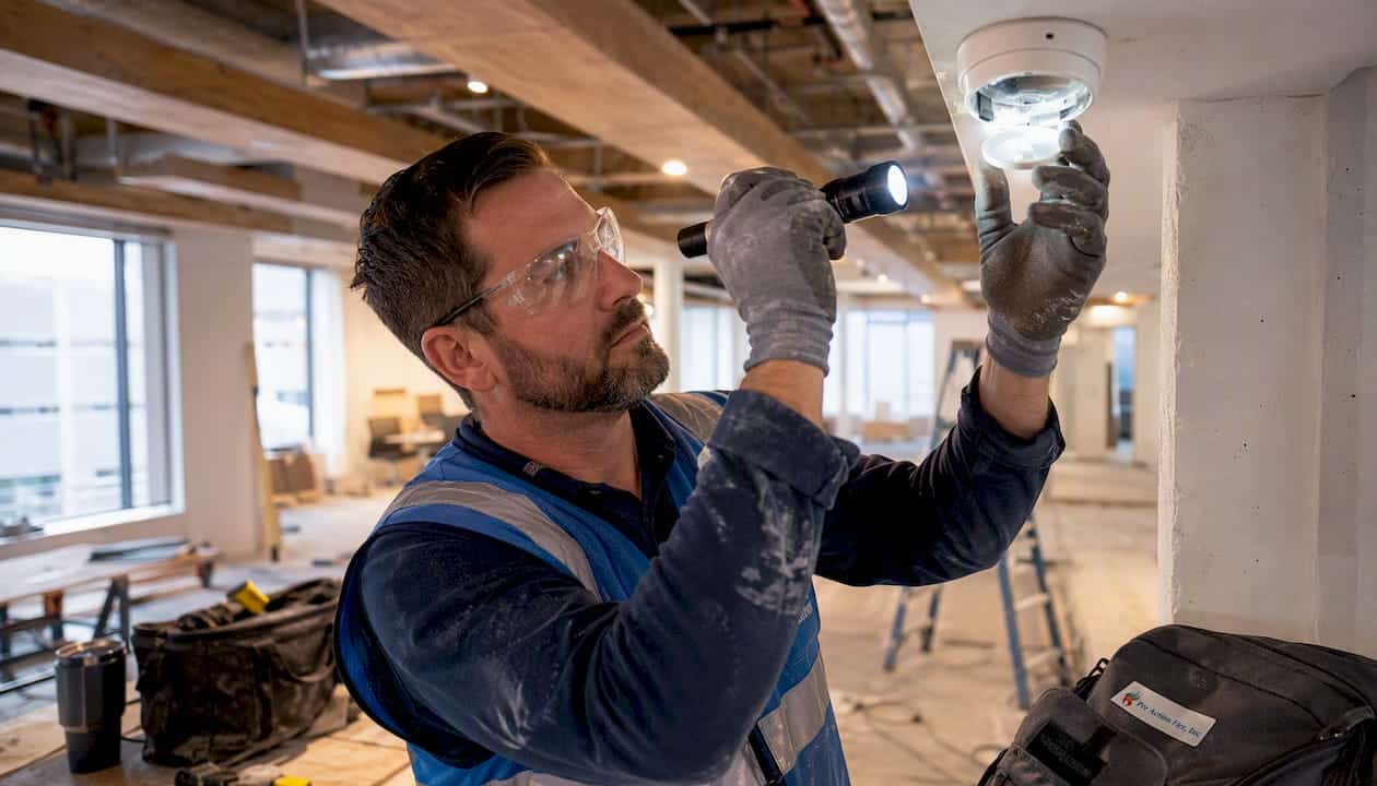 Technician inspecting smoke detector amid hallway dust