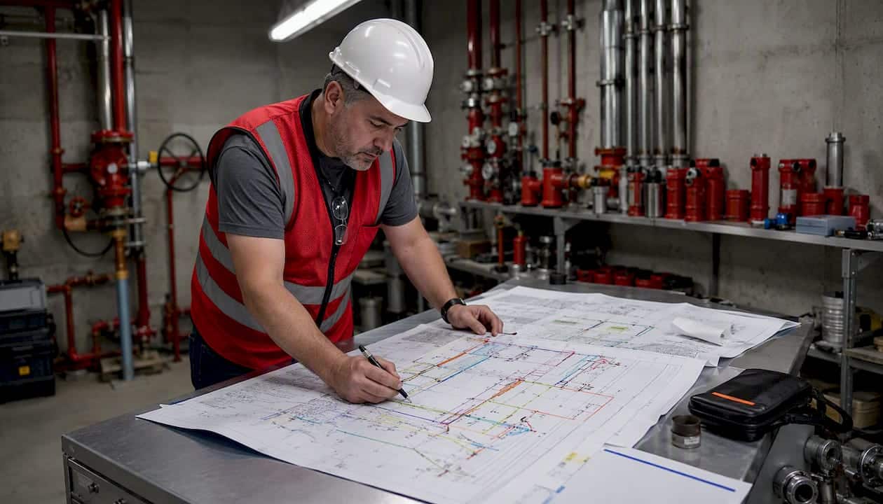 Engineer reviewing fire sprinkler system schematics