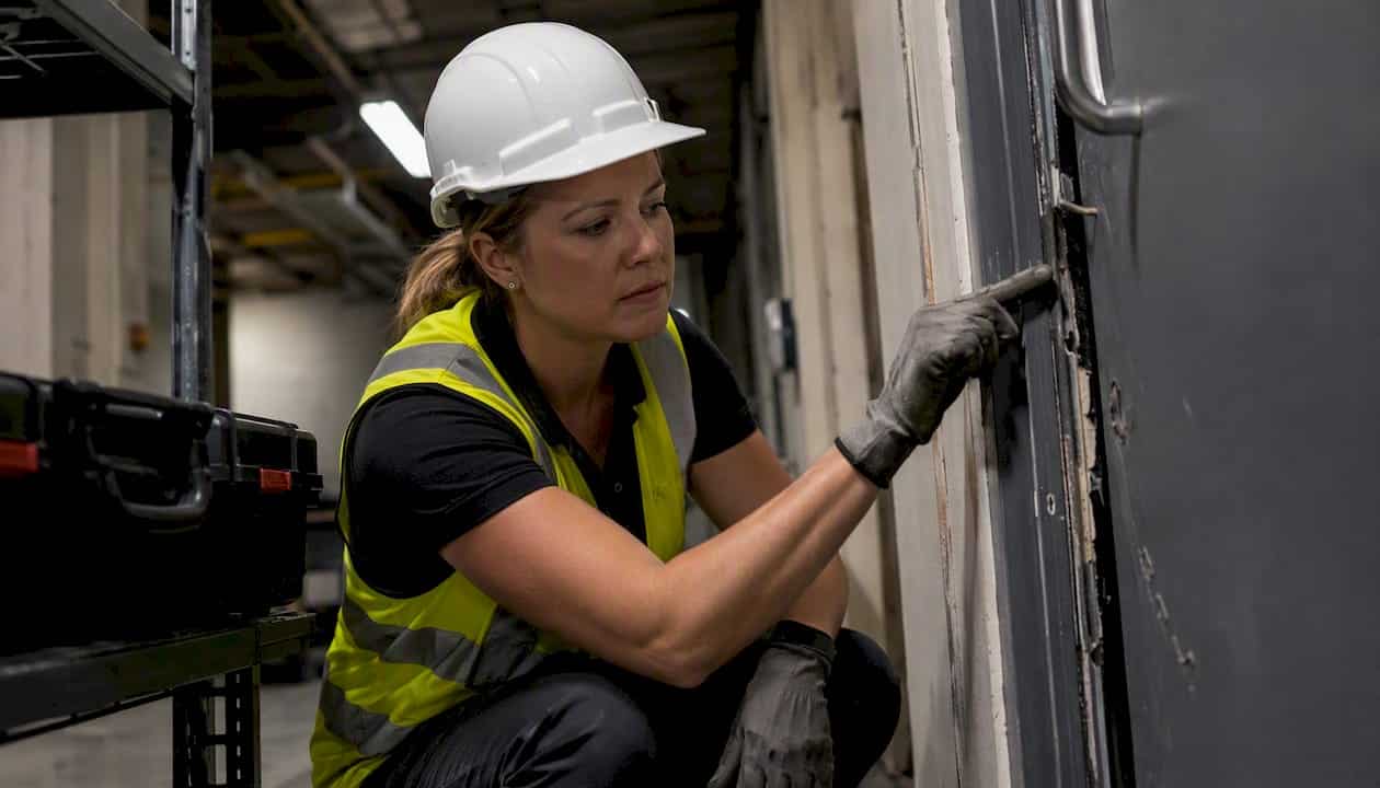 Facilities manager inspecting fire door damage