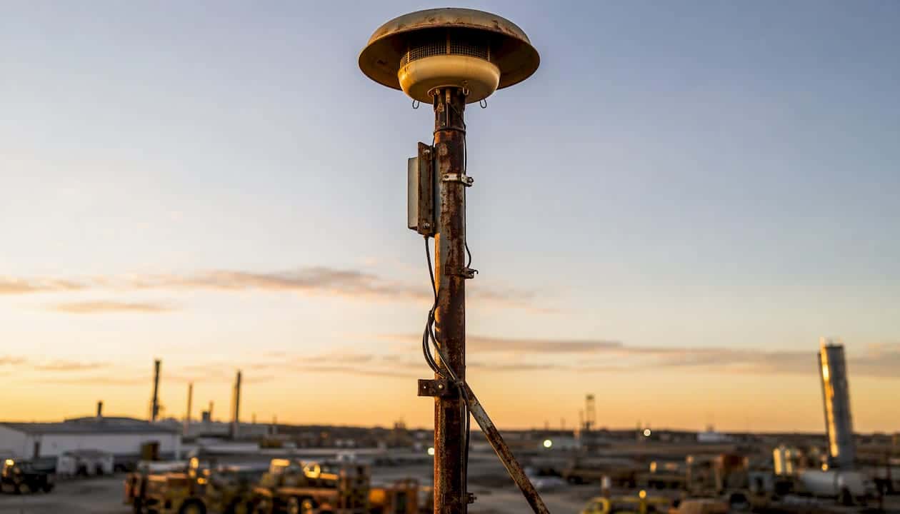 Outdoor emergency siren on pole industrial setting