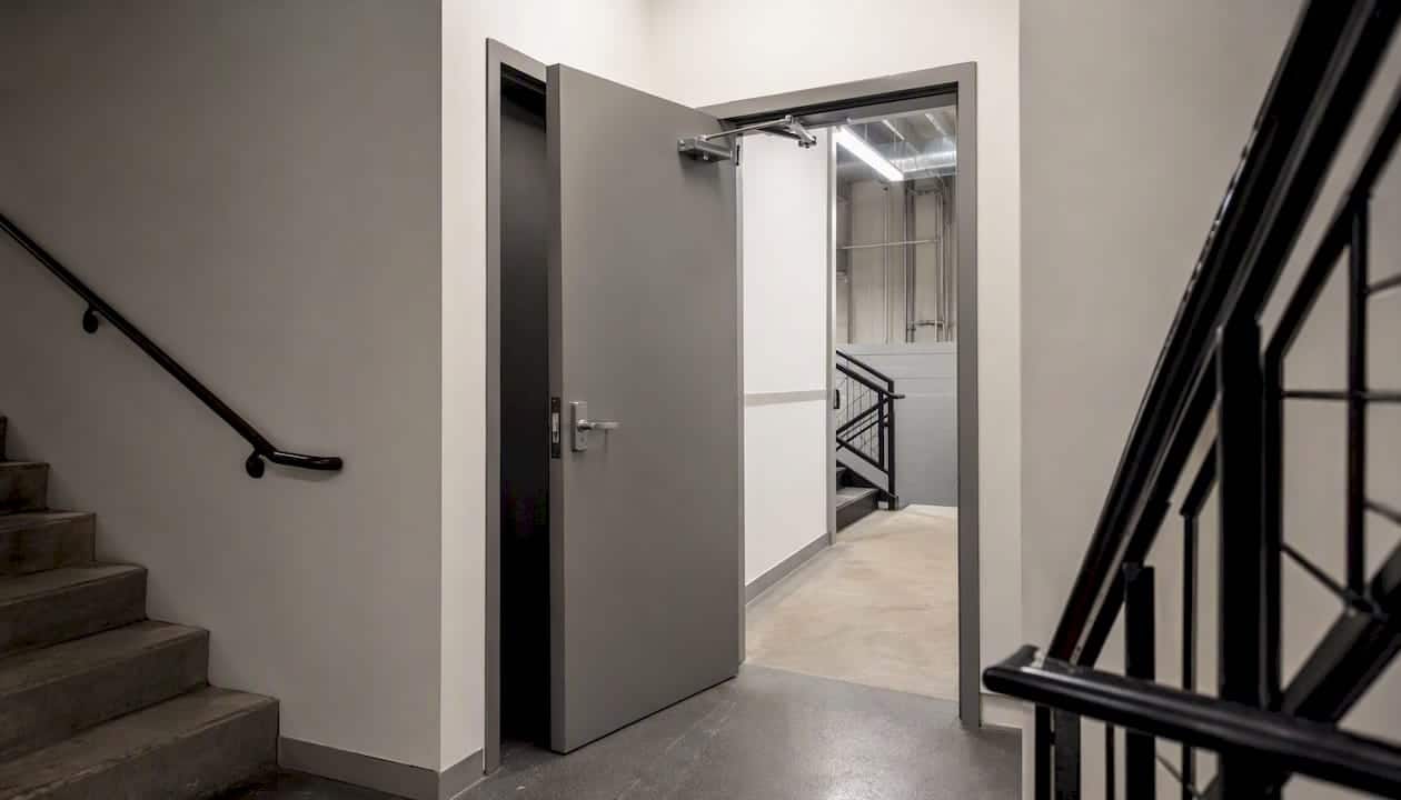 Fire-rated stairwell enclosure with door hardware
