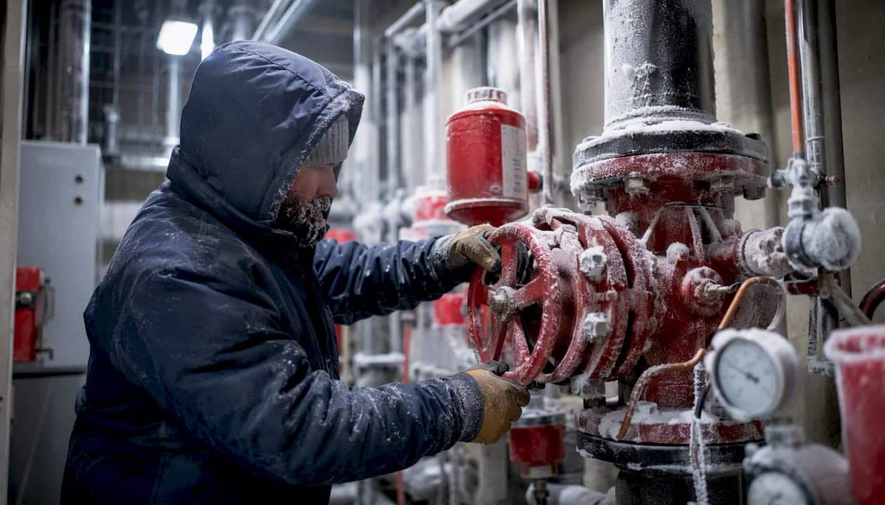 Technician maintaining dry-pipe sprinkler valve in cold conditions