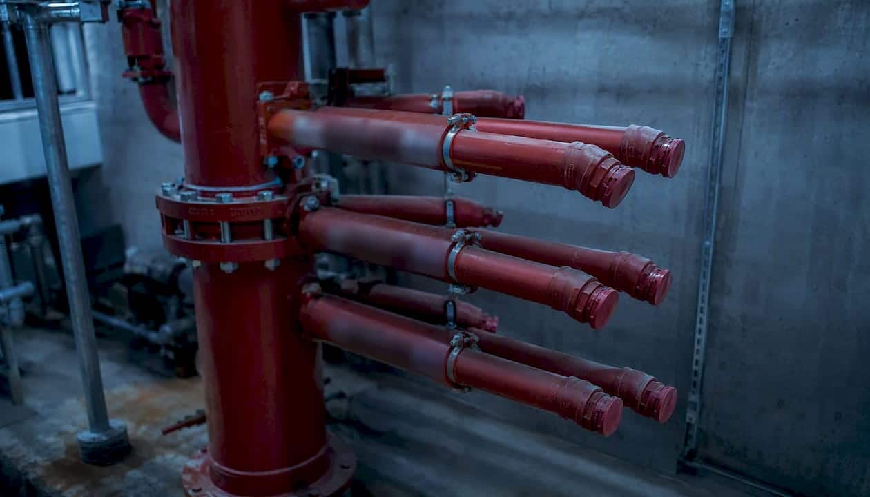Close-up of dead-end fire sprinkler piping layout