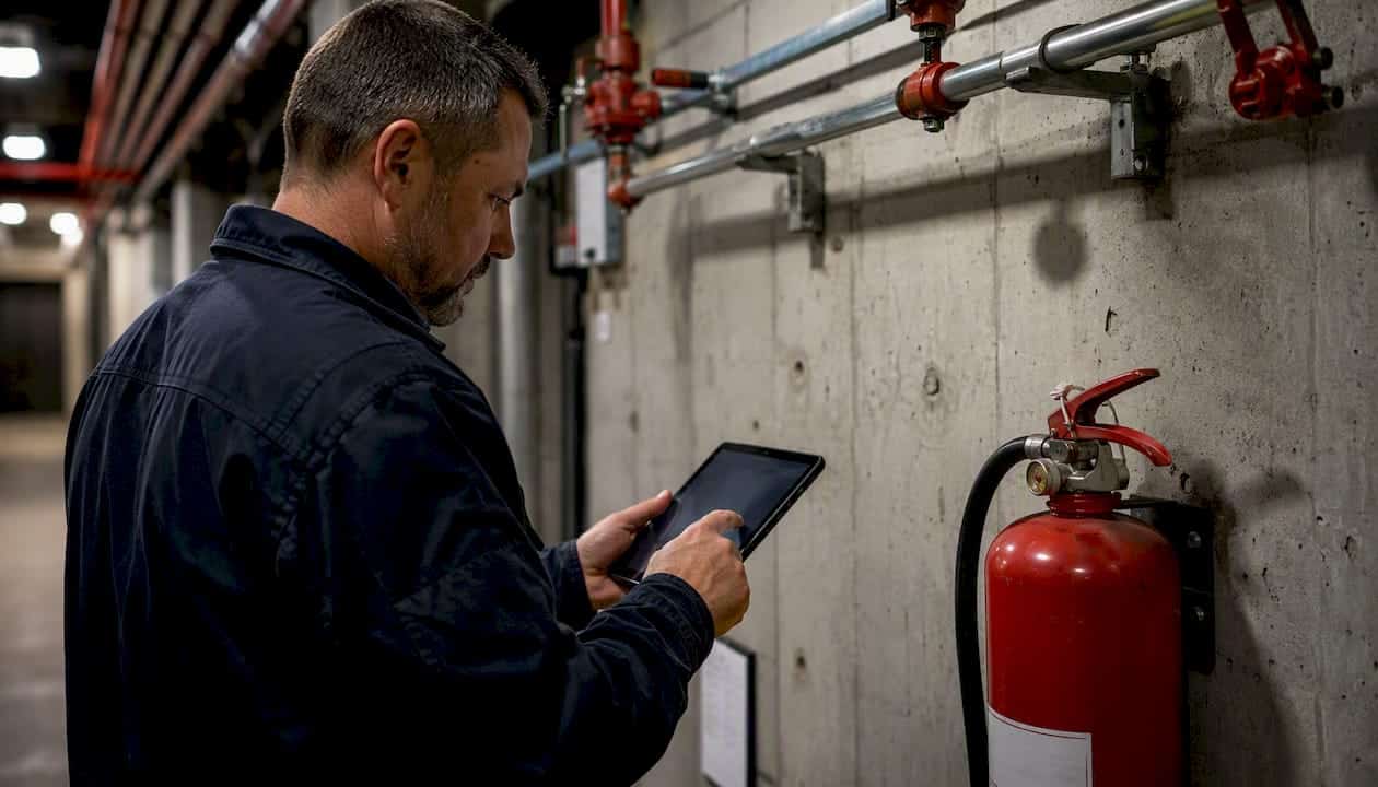Hand marking fire safety checklist on tablet