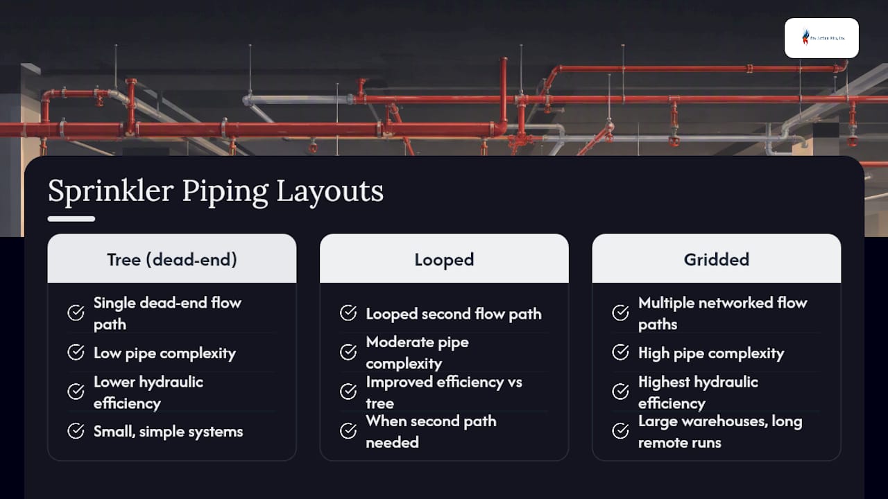 Comparison diagram of tree, looped, and gridded sprinkler layouts