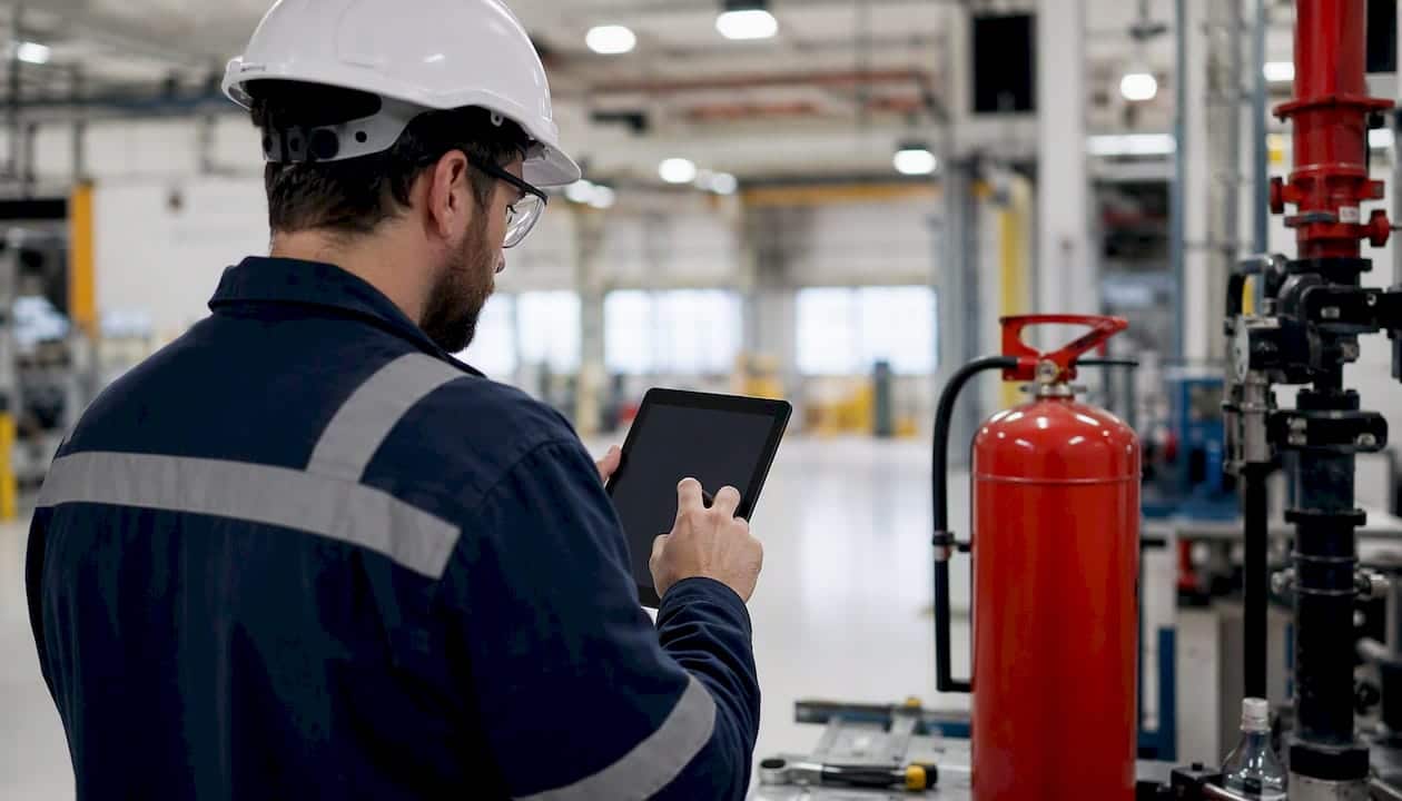 Technician managing fire safety checklist on tablet