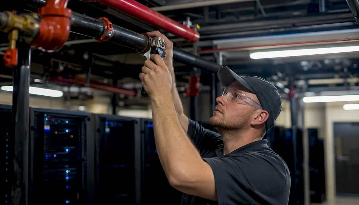 Technician installing pre-action sprinkler pipes