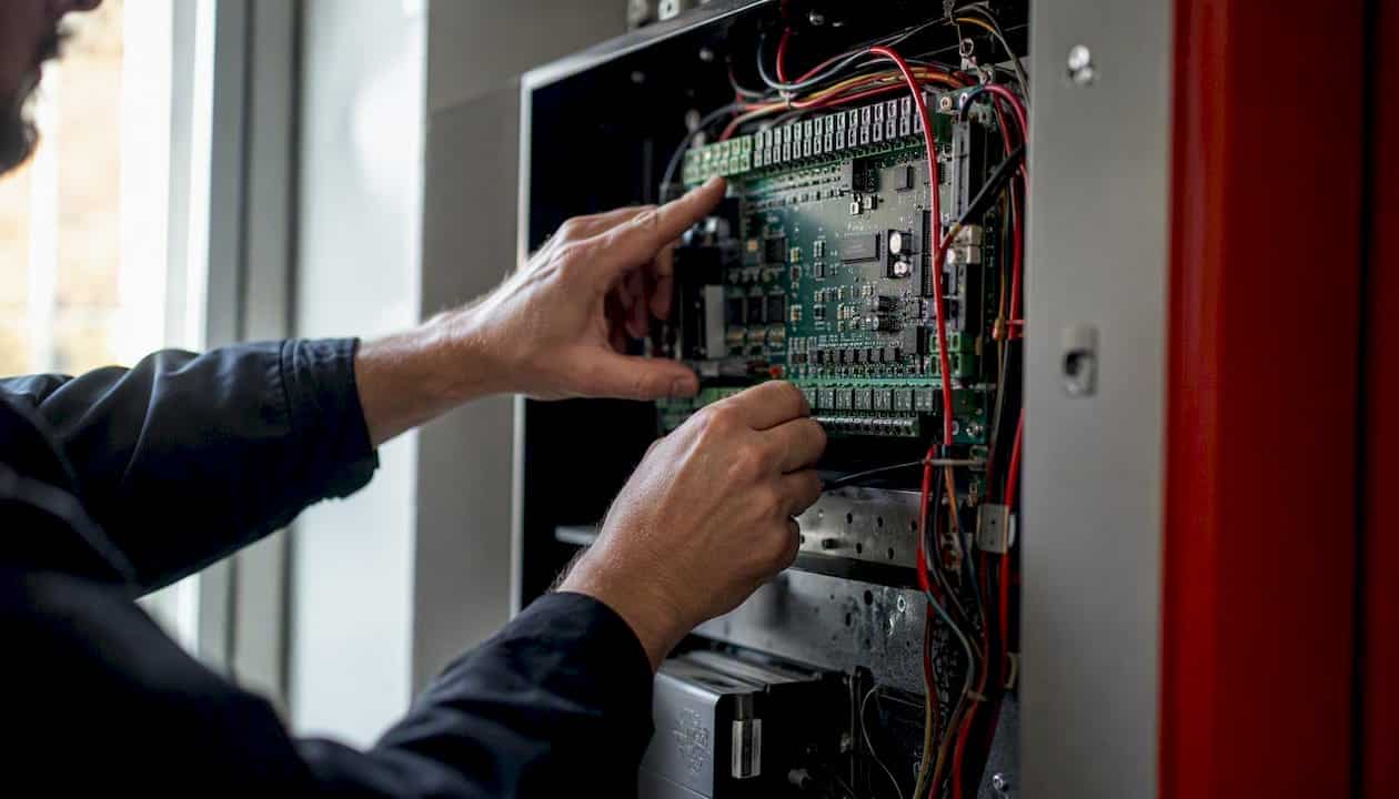 Technician inspecting fire alarm panel circuit board