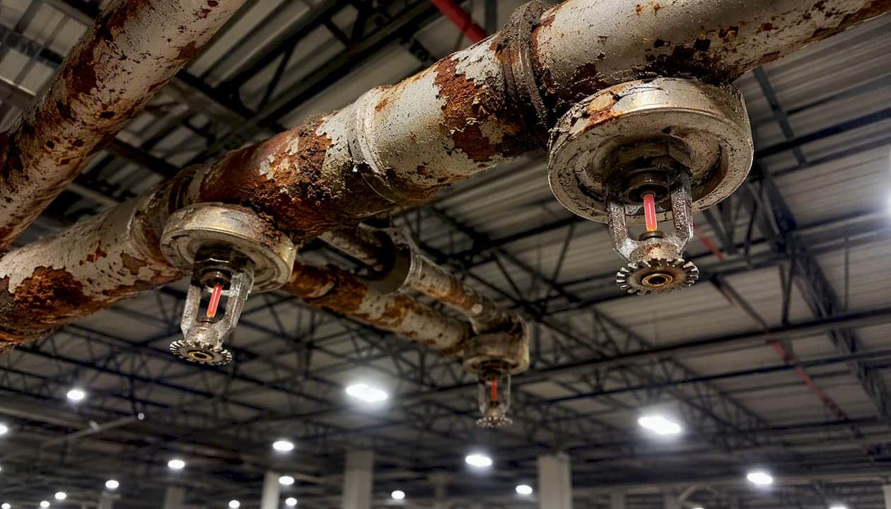 Corroded and worn sprinkler heads on ceiling