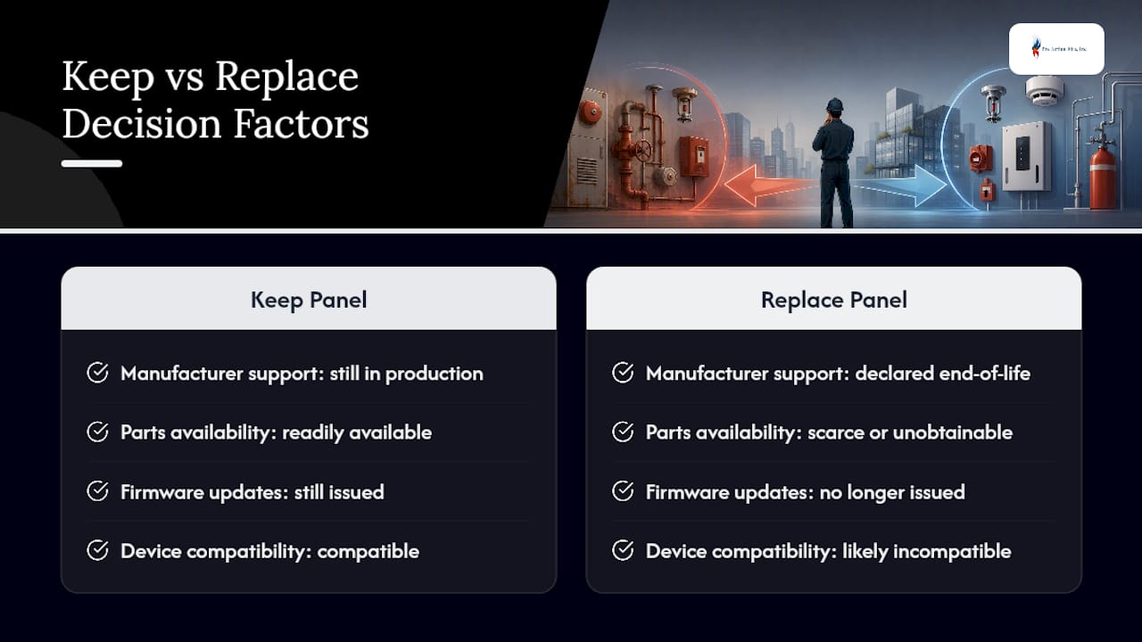 Diagram of fire panel upgrade decision criteria
