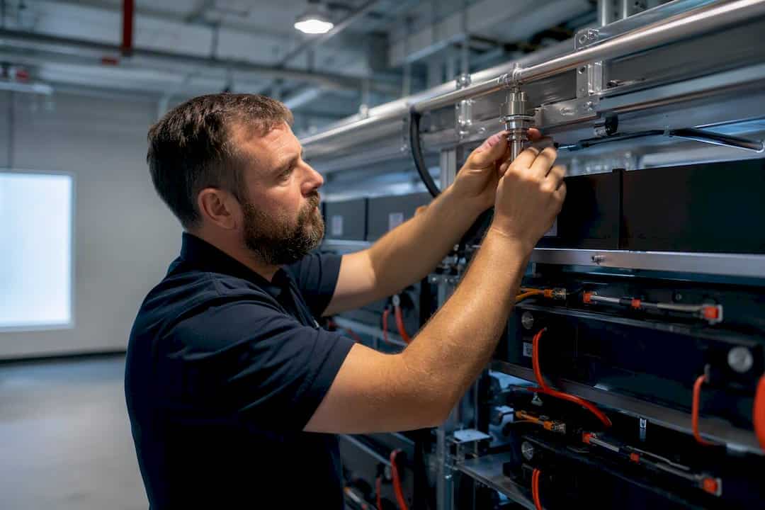 Technician installing fire suppression tubing in battery room