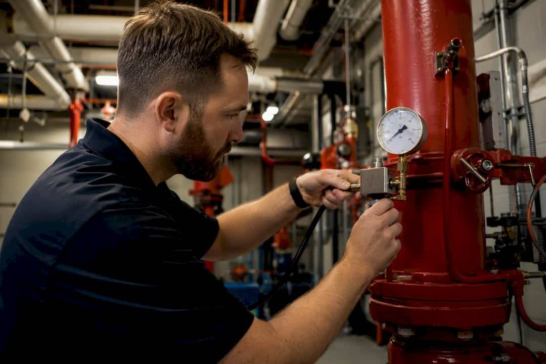 Technician calibrating fire system gauge