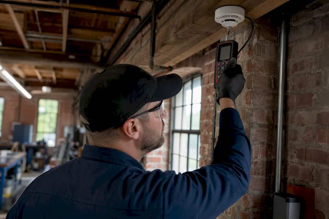 Technician testing smoke detector