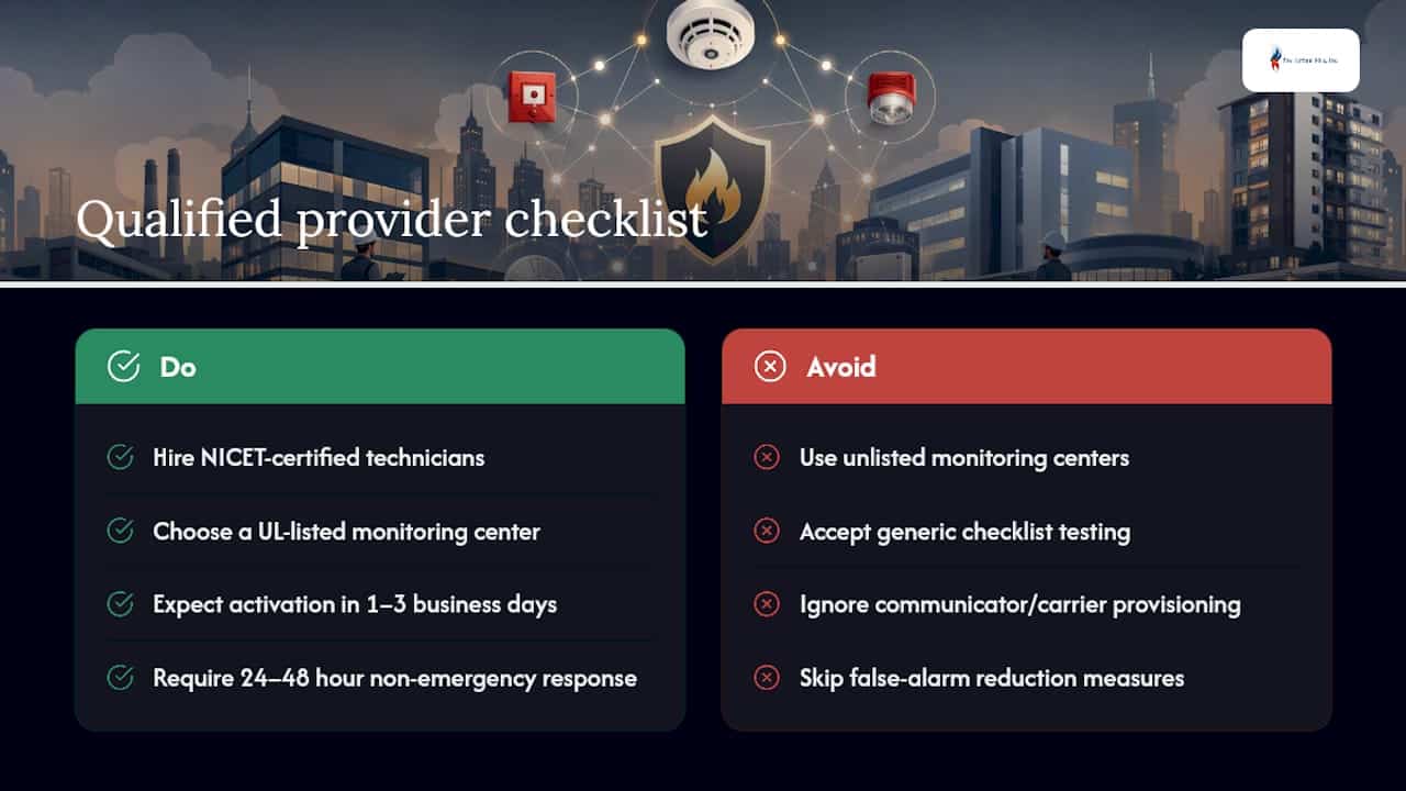 What a Qualified Fire Alarm Monitoring Provider Should Deliver — overview diagram
