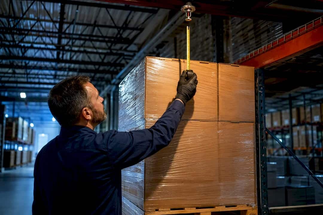Manager measuring pallet sprinkler clearance